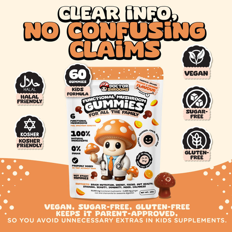 Mushroom Gummies for Kids | Multi Functional Blend with Lion’s Mane & Cordyceps | Focus, Calm & Immune Balance Support | Vegan & Sugar Free | 60 Pack (Mango and Orange) Mango and Orange
