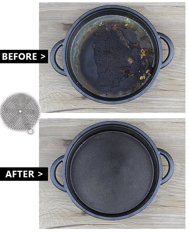 [Australia] - 316 Stainless Steel Cast Iron Skillet Cleaner Cast Iron Scraper Chainmail Scrubber for Cast Iron Pans, Pre-Seasoned Pans, Griddle Pans, BBQ Grills, and More Pot Cookware-Round 7 Inch Diameter 