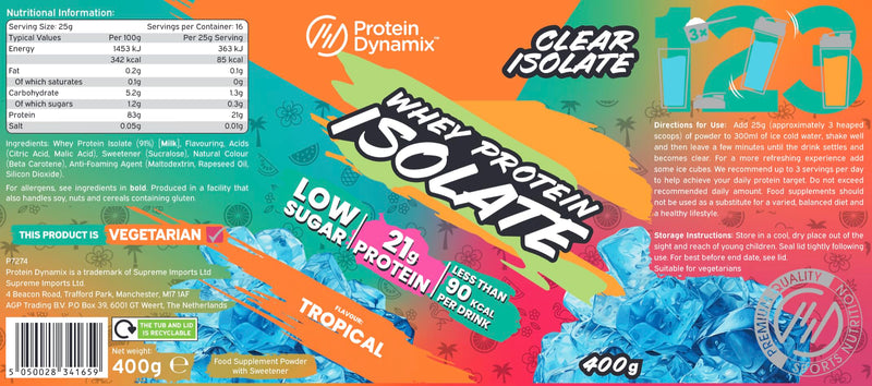 Protein Dynamix - Clear Whey Protein Isolate - Tropical Flavour - Low Sugar • Less Than 90 Calories per Serving • 400g