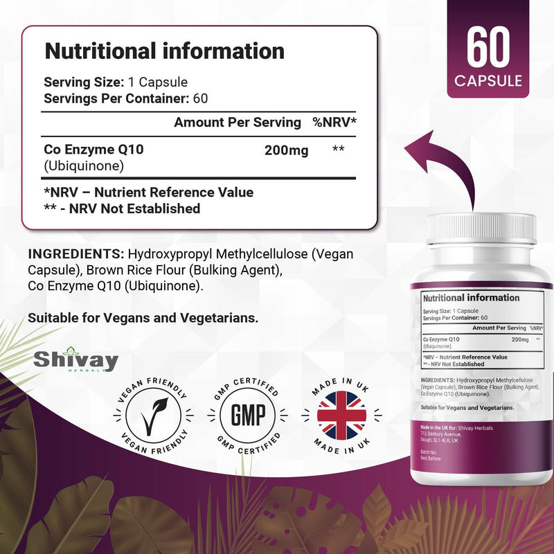 Co Enzyme Q10 200mg Per Capsule | Pure & Natural Ubiquinone | High Strength CoQ10 Vegan Capsules Supplement | Made in The UK | Shivay Herbals (60 Capsules) 60 Capsules