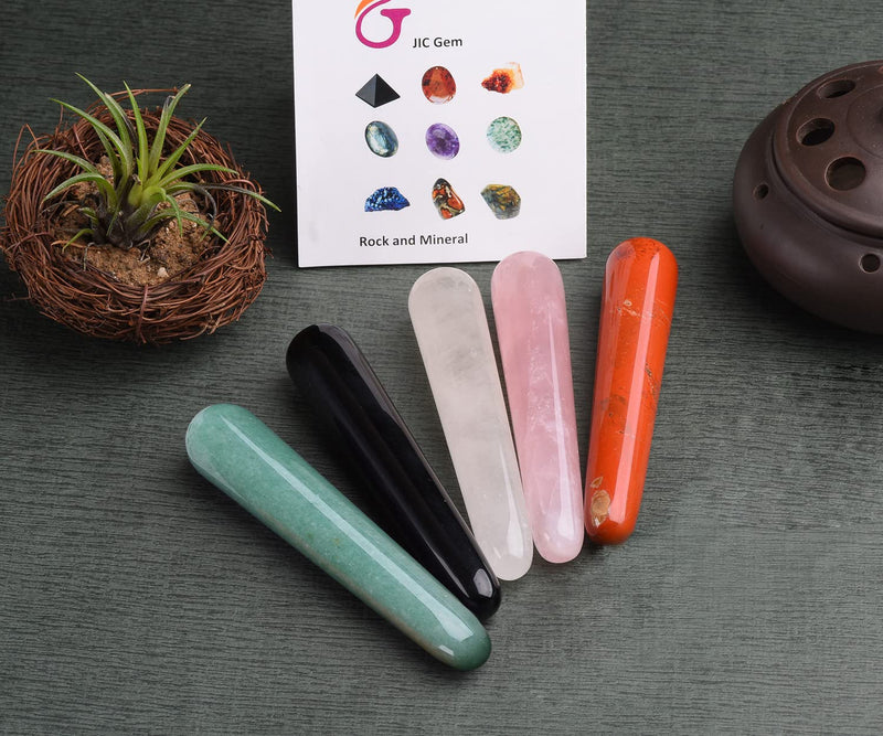 [Australia] - JIC Gem 5 Pcs Mix Natural Crystal Gua Sha Scraping Massage Tool Massage Wand for Face Acupuncture Therapy Stick Point Treatment Reiki Healing 