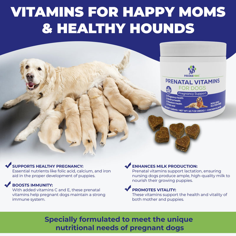 Dog Prenatal Vitamins - Supports Healthy Pregnancy, Puppy Development & Lactation - Rich in Folic Acid, Iron & Calcium - Advanced Prenatal Supplement for Pregnant and Nursing Dogs - 90 Soft Chews | Supports Healthy Pregnancy, Puppy Development & Lactat...