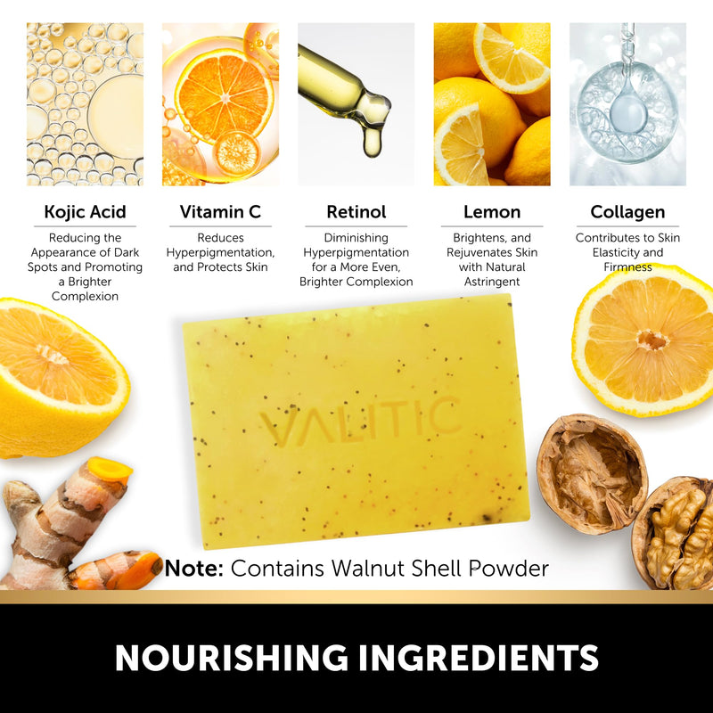 VALITIC Lemon Turmeric Soap for Dark Spots - Kojic Acid Soap for Face and Body - Exfoliating Bar for Brightening, Skin Tone Corrector with Retinol, Vitamin C, Collagen and Hyaluronic Acid - 3 Pack