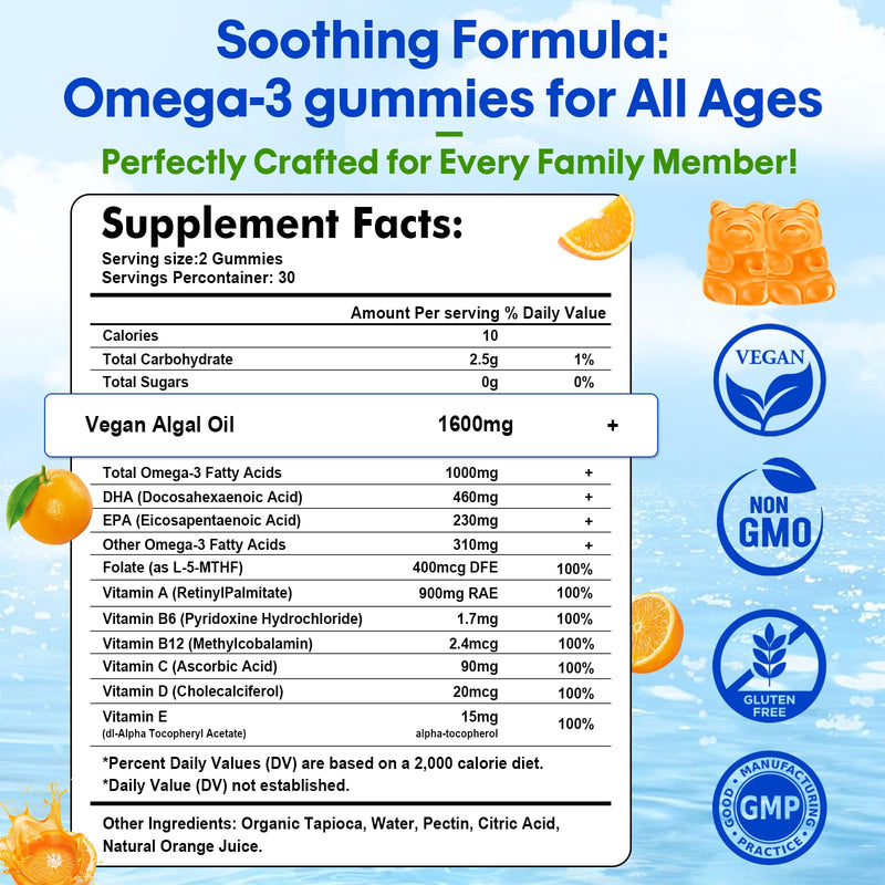 Algae Omega 3 Gummies for Women, Men & Kids, Fish Oil Alternative 60 Count | Boost Brain, He♡rt, Eye & Immune Function, With Plant Based 460 MG DHA & 230 MG EPA, No Fishy Taste, Sugar Free Orange 60 Count (Pack of 1)