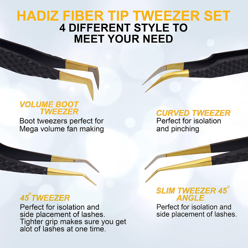 HADIZ Set of 4 Fiber Tip Diamond Grip Eyelash Extensions Tweezers Japanese Stainless Steel Lash Tweezer(Black) Black
