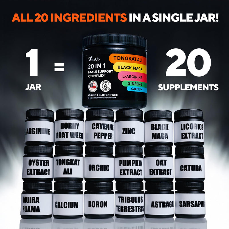 [Australia] - Tongkat Ali for Men 20 in 1 with Astragalus - USA Made Mens Supplement Complex with Black Maca Root, L-Arginine, Ginseng, Calcium, Astragalus for Normal Strength & Endurance Support - 90 Caps 