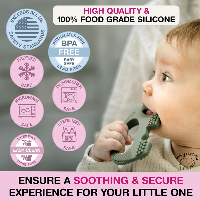 [Australia] - Teething Toys for Babies Age 0 to 6 Months - Baby Elefun 5X Pain Relief Smart Teether - Zero Developmental Delay Silicone Baby Teething Toy Ring - Cute Infant Shower Gift Chew Toy for Babies 0-6 –úonths 0-6 Olive 