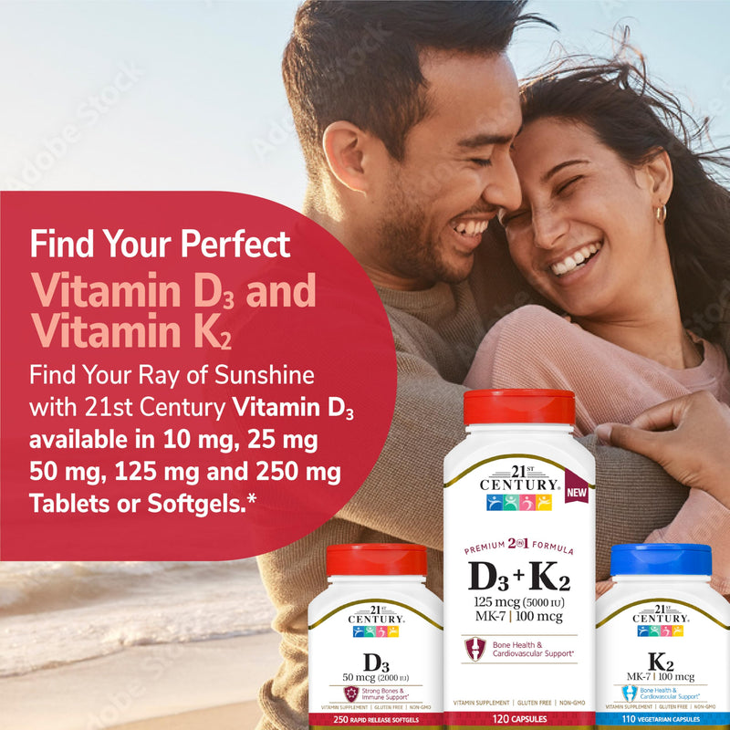 21st Century Vitamin D3 125 mcg (5000 IU) + K2 100 mcg Capsules, 120 Count, Bone, Teeth & Heart Support, Non-GMO, Milk, Lactose, Soy, Wheat, & Gluten Free
