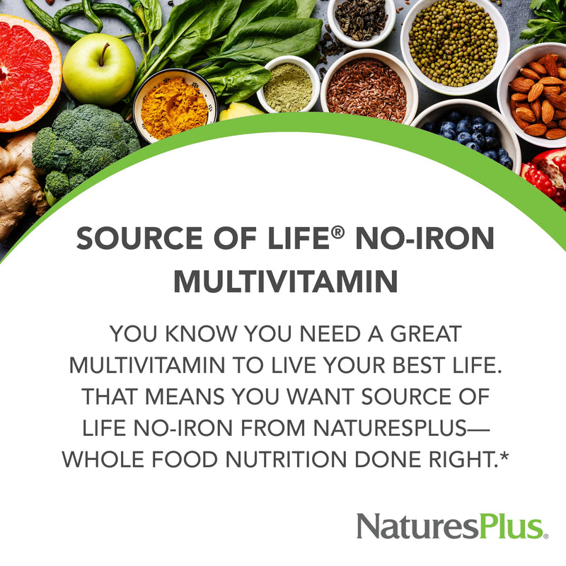 NaturesPlus Source of Life No Iron - 90 Tablets - Multivitamin & Mineral Supplement with Vitamin D3 - Supports Natural Energy & Well-Being - Gluten Free, Vegetarian - 30 Servings 90 Count (Pack of 1)