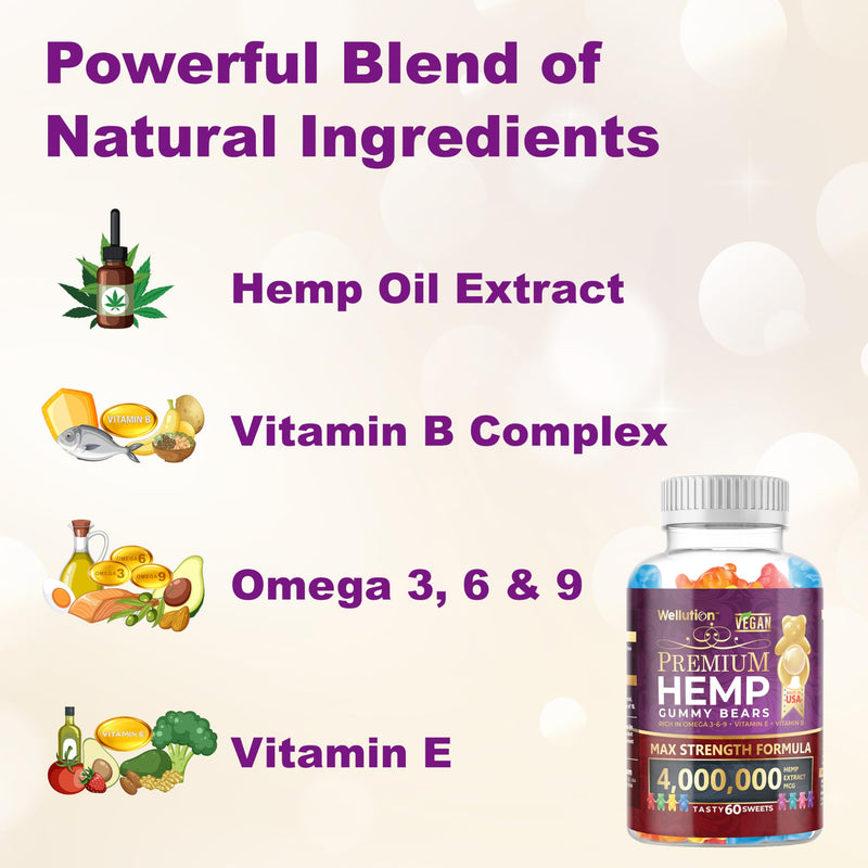 WELLUTION Hemp Gummies XXL 4,000,000 MCG - Vegan Gummy Bears with Natural Hemp Oil, Omega 3-6-9, Vitamins A & D - 60ct