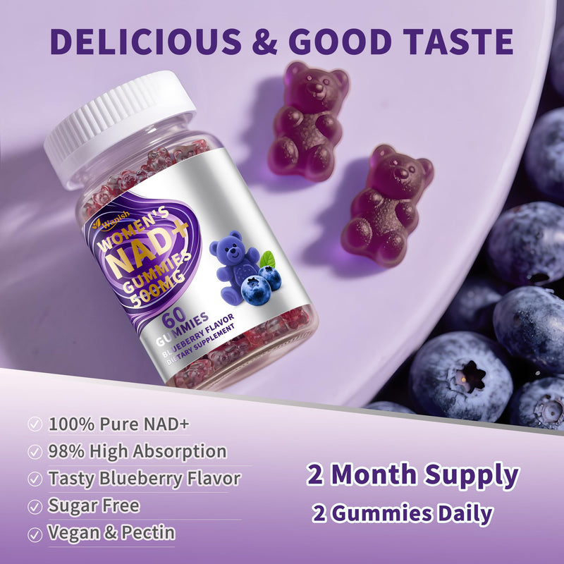 Wanish （2 Pack） NAD Gummies Supplements for Women, Pure 500mg NAD - Cell Regeneration, Energy & Metabolism Support, Vegan,Sugar Free, Additives Free, Blueberry Flavor 30 Count (Pack of 2)