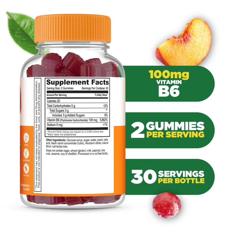 Lifeable Vitamin B6 Gummies for Women and Men, High Potency 100 mg, 60 Ct | Supports Healthy Nerve Function and Metabolism - Kosher and Halal Certified, Lab Tested, Strawberry Pectin Gummy, No Gelatin 60 Count (Pack of 1)