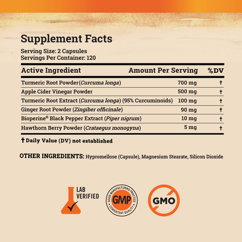 [Australia] - Turmeric Curcumin Supplement with Ginger & Apple Cider Vinegar (240 Count) - BioPerine Black Pepper, Tumeric & Ginger - 95% Curcuminoids & Joint Supplement - Antioxidant Tumeric Supplements Capsules 240 Count (Pack of 1) 