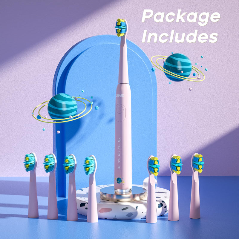 [Australia] - SEAGO Kids Electric Toothbrush, Rechargeable Sonic Soft Bristle Toothbrushes with 8 Brush Heads, DIY Stickers and 5 Modes, Ideal for Kids and Children, Ages 3–12 (Pink) Pink 