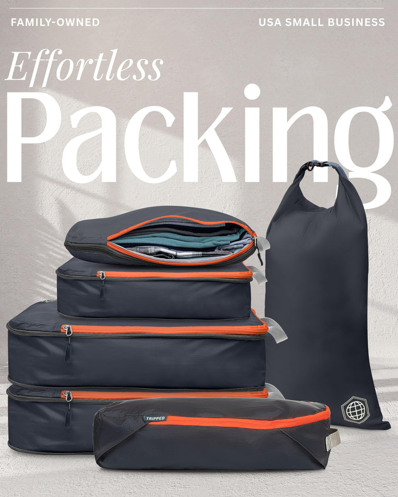 TRIPPED Travel Gear Compression Packing Cubes for Carry-On Travel 6-Pack | Ultralight Ripstop Packing Cubes with Compression Zippers for Organized Carry-On Luggage, Backpack, and Travel Packing 6 Piece Volcano (Grey and Orange) Carry On Set