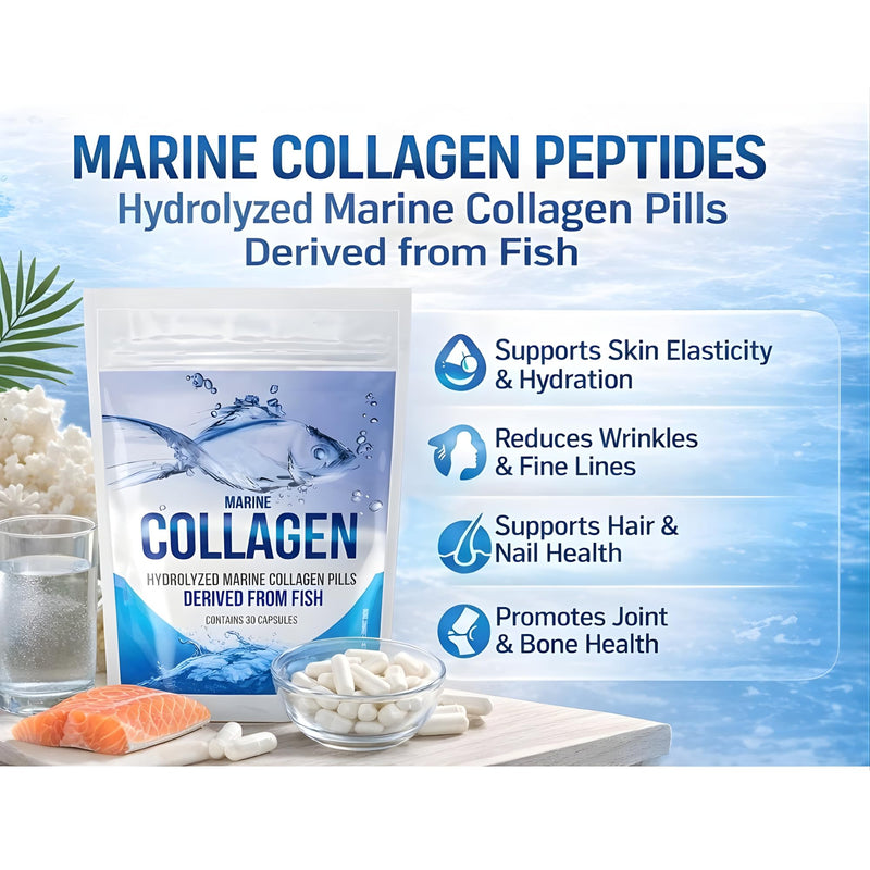 Hydrolyzed Fish Collagen Marine Capsules – Skin, Joint Health Support Supplement – 5000mg, 30 Capsules – Pure Fish Collagen for Healthy Skin, Hair, Nails, and Joints – Made in the UK
