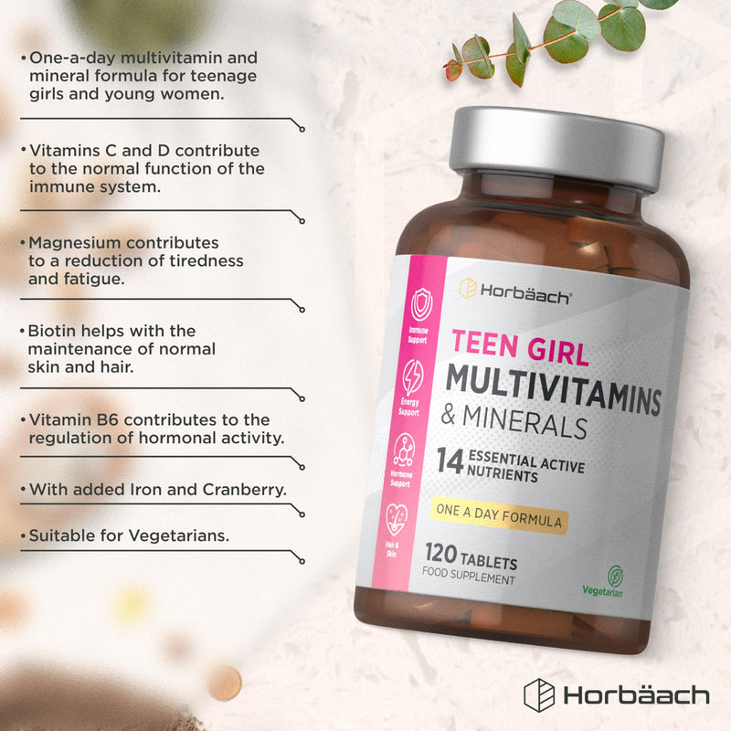 Multivitamin Tablets for Teen Girls | 120 Count | 14 Essential A-Z Vitamins and Nutrients | with Iron, Vitamin B12, Folic Acid and Magnesium | Vegetarian | By Horbaach