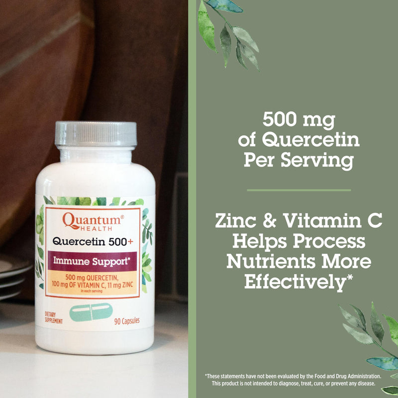 Quantum Health Quercetin 500+ Immune & Respiratory Support, 90 Capsules | Quercetin Dehydrate, Superior Absorption & Bioavailability, Flavonoid Antioxidant, 100 mg Vitamin C & 11 mg Zinc, Women & Men 90 Count (Pack of 1)