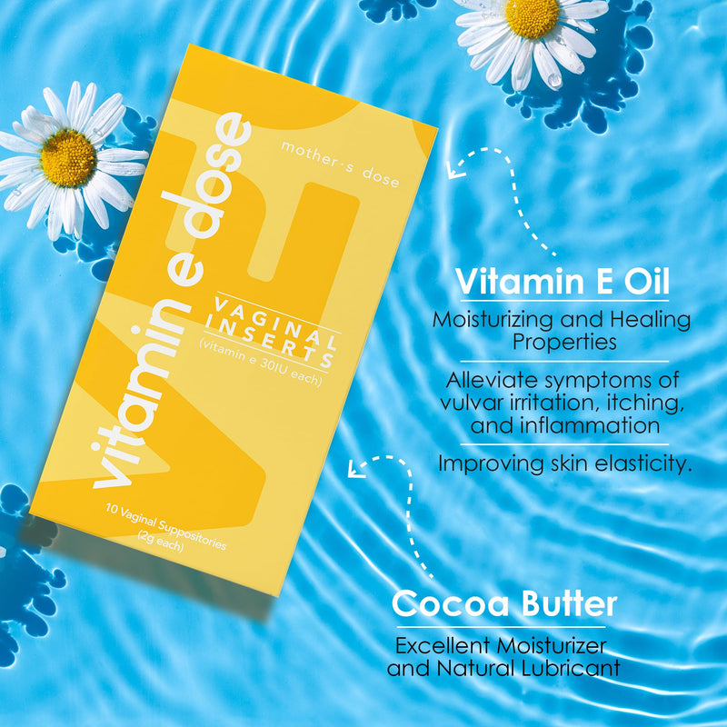 Mother's Dose Vitamin E Suppository 30 IU Each- Vaginal Moisturizer Hormone Free Moisturizer-10 Individually Sealed Inserts - 1 Month Supply USA Made