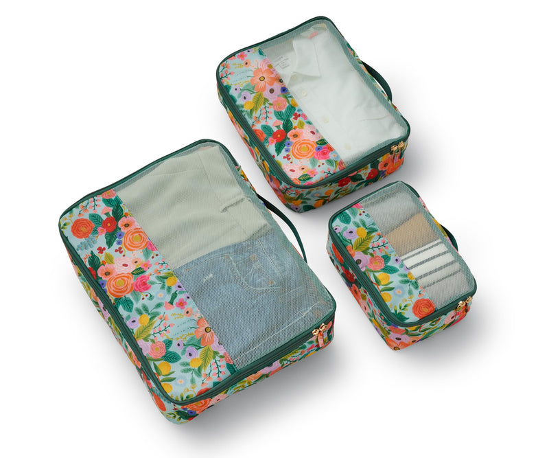 RIFLE PAPER CO. 3 Set Compression Packing Cubes with Zipper Pull & Laundry Bag | Organizer Travel Essentials for Luggage/Suitcase | Garden Party Pattern