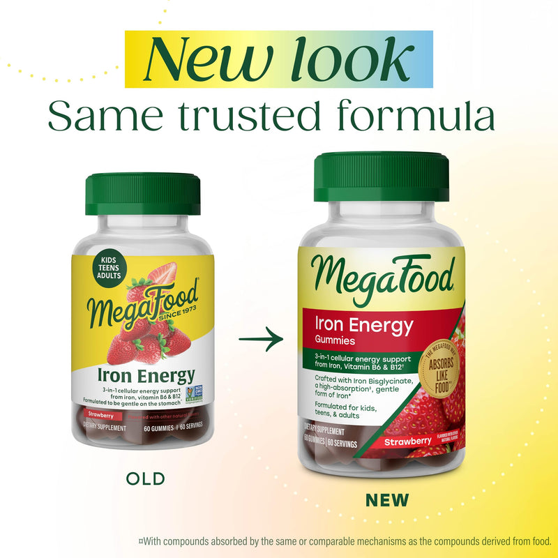 MegaFood Iron Energy Gummies, Energy Support, Vegan, Strawberry, 60 Gummies | Iron Supplement for Women, Men, Teens and Kids with Gentle Iron Bisglycinate, Vitamin B12 & Vitamin B6, Non-GMO, 60 Servings