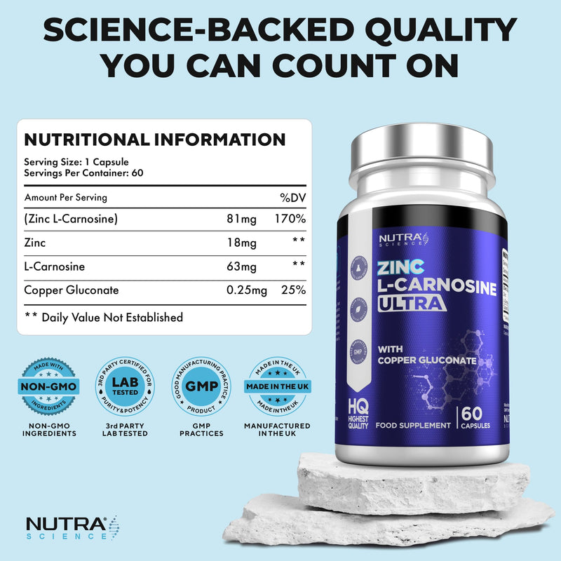 Zinc L-Carnosine Ultra – High Strength 81MG Zinc L Carnosine + Copper – Digestive & Gastric Support Zinc Supplement – 60 Vegan Capsules