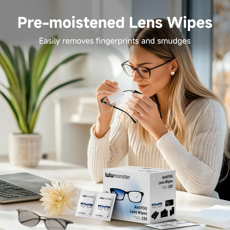 [Australia] - Anti Fog Lens Wipes for Eyeglasses Lulumonster, [150 Pre-Moistened Individually Wrapped Wipes] [Non-Scratching & Non-Streaking] Cleaner Wipes for Glasses, Sunglass, Phone Screen Camera Lens, Goggles Antifog-white 150 Count 