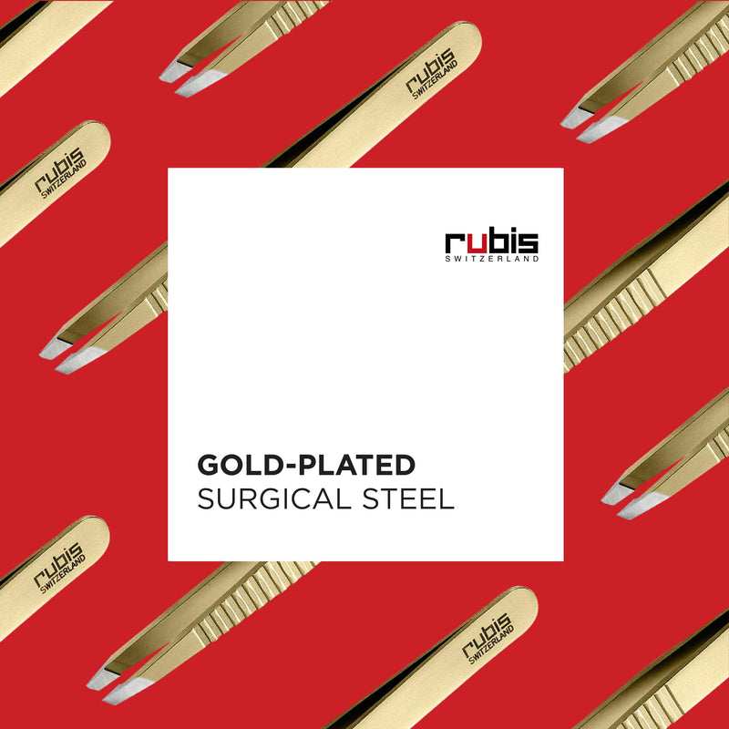 Rubis Classic Stainless Steel Slanted Tweezers with Pro Grip for Precise Eyebrows and Hair Removal, 1K103PGGOLD, Gold, The Gold Collection,Rubis Switzerland Swiss Made World Renowned Precision