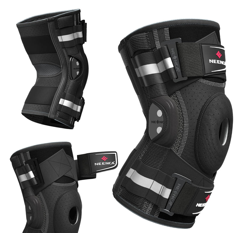 [Australia] - NEENCA Professional Knee Brace for Knee Pain, Hinged Knee Support with Patented X-Strap Fixing System, Medical for Pain Relief, Arthritis, Meniscus Tear, ACL, PCL, MCL, Runner, Sport -FSA/HSA Eligible Large Black - Single 