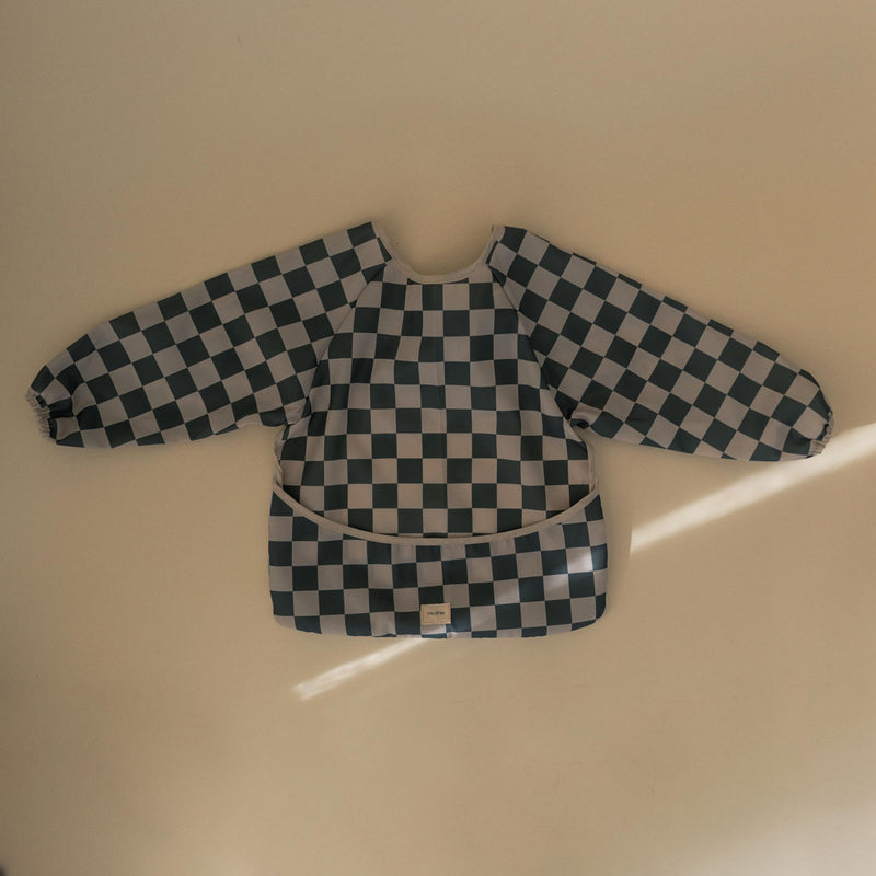 [Australia] - mushie Long Sleeve Baby Bib | Mess Free & Waterproof Fabric for Toddlers | Adjustable Fit for Ages 6-24 Months Olive Check 