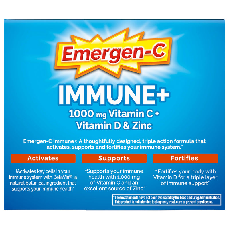 Emergen-C Immune+ Triple Action Immune Support Powder, Super Orange, 50 ct | BetaVia Triple Action, Vitamin D, B Vitamins, Zinc and Manganese, Energy Support, 50 Day Supply 1.03 Pound (Pack of 1)