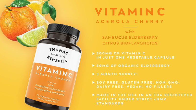 Toms Remedies Vitamin C Supplement with Organic Elderberry Capsules | Whole food formula with organic citrus bioflavonoids, Vegan, 90 capsules Per Bottle.