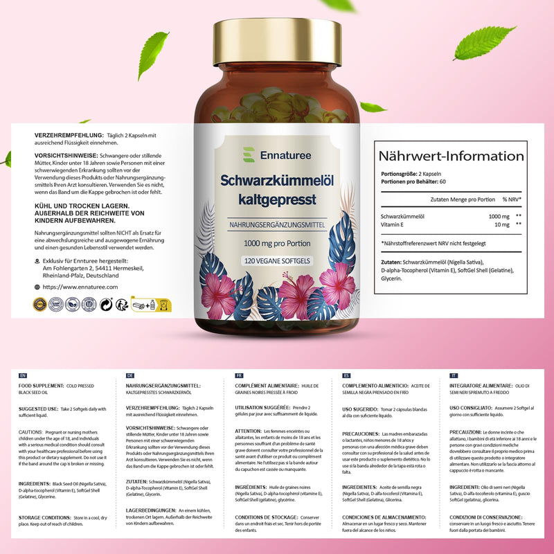 [Australia] - Black cumin oil capsules with vitamin E Natural and cold pressed Black cumin oil 1000mg per daily dose High dosage Vegan 120 capsules German premium quality 