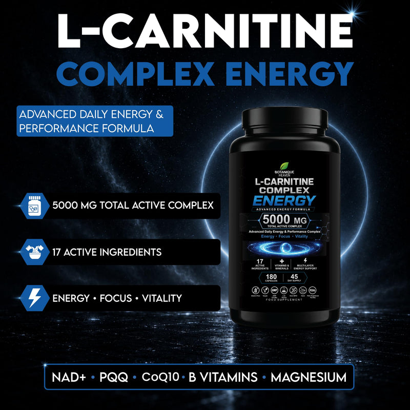 L-Carnitine Complex Energy 5000mg – Advanced Acetyl L-Carnitine Formula with NAD+, PQQ & CoQ10 – Energy & Metabolism Support – 17 Active Ingredients – 180 Vegan Capsules