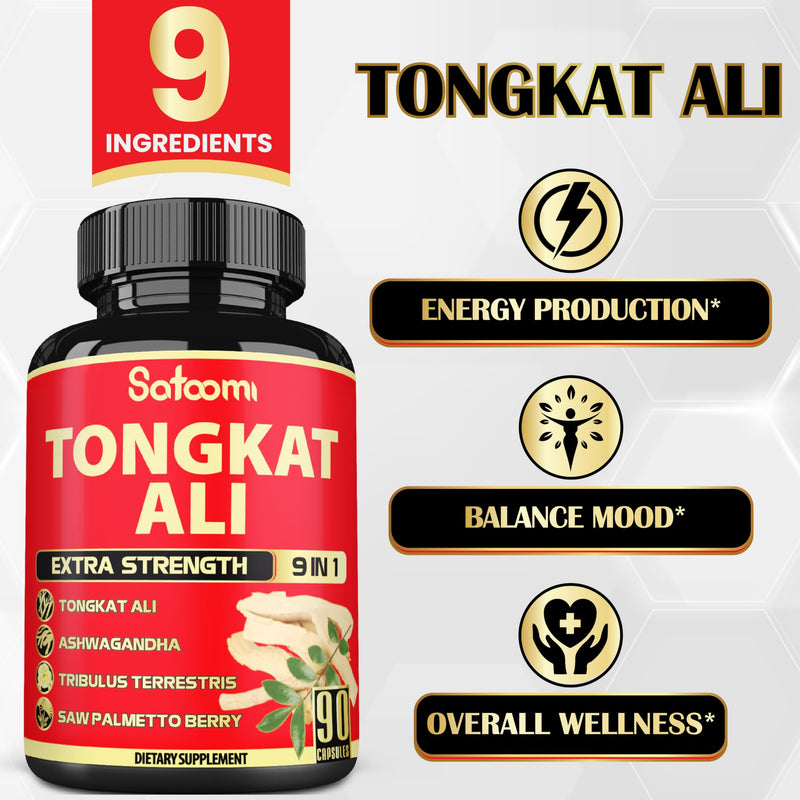 [Australia] - Satoomi 9in1 Tongkat Ali Root Extract - Ashwagandha, Tribulus Terrestris - 90 Capsules for 3 Months - Support Strength, Energy & Healthy Immune 90 Count (Pack of 1) 