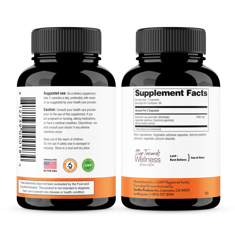 Sandhu's Quercetin 500mg Capsules 1000mg Per Serving 360 Ct Vegetarian | Immune Support Quercitin Supplements Gluten-Free Antioxidant For Circulatory Health 180 Servings By Sandhu's 120 Count (Pack of 3)