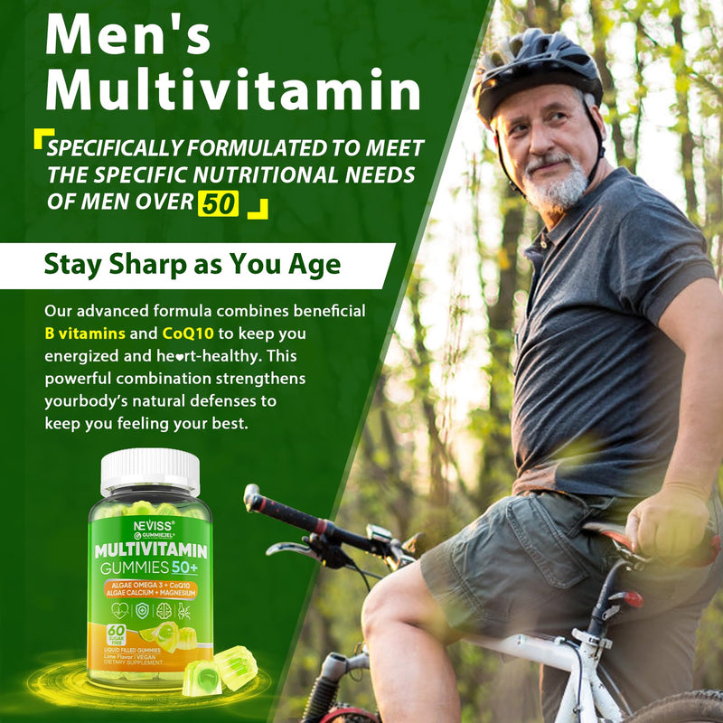 Multivitamin for Men 50 + Plus, Sugar Free Men Multivitamins Gummies w/Omega-3, Coq10, D3k2, Calcium, Magnesium, Zinc, Vitamins A, C & E, Mens Vitamins for 𝖧𝖾𝖱𝗍, Antioxidant, Brain, Bone, 60cts