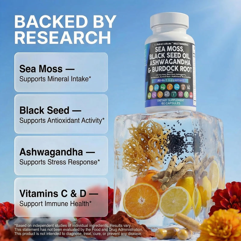 Clean Nutraceuticals Sea Moss Black Seed Oil Ashwagandha Turmeric Bladderwrack Burdock & Vitamin C Vitamin D3 with Elderberry Manuka Dandelion Yellow Dock Iodine Chlorophyll ACV 60 Count (Pack of 1)