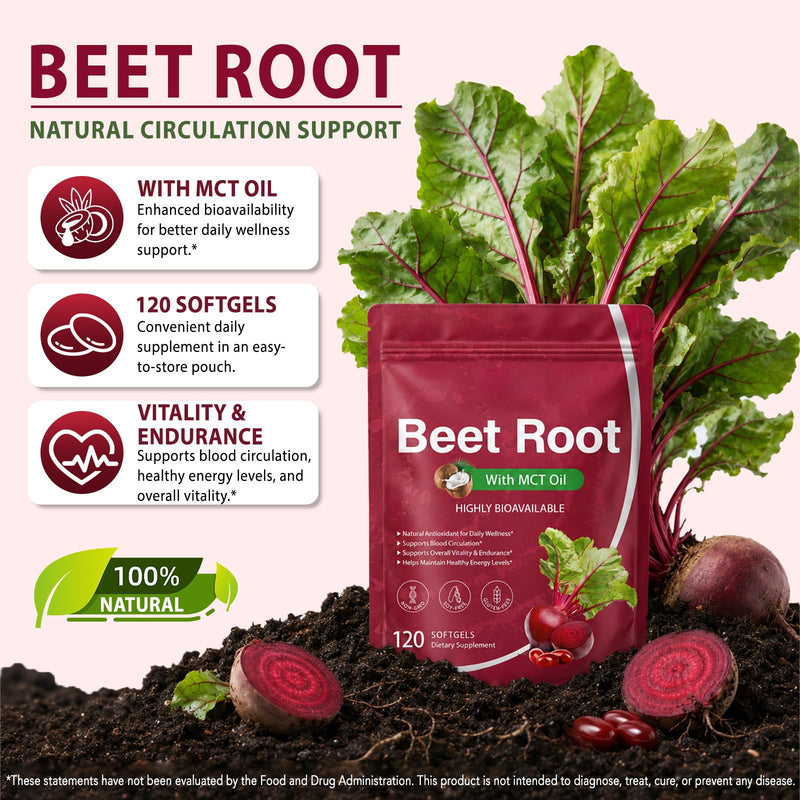 Beet Root Extract 120 Softgels with MCT Oil | Natural Beet Root Source, Beetroot Supplements, Non-GMO