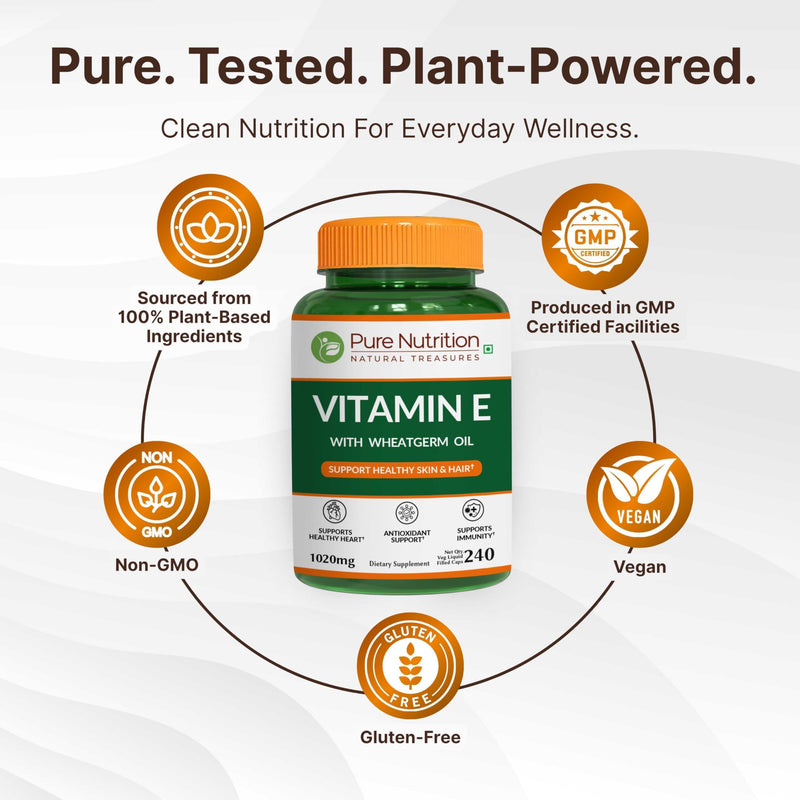 Pure Nutrition Vitamin E with Wheatgerm Oil, 1020mg |240 Caps | Natural Source of Vitamin E | Hair and Skin Supplement | Non GMO 240 Count (Pack of 1)