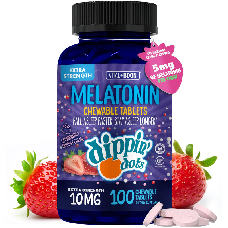 Dippin' Dots Chewable Melatonin Tablets 10mg, Natural Sleep Aid (100 Ct) | Strawberry Sunset Creme sugar-free chewable melatonin tablets, sleep medicine for nightly rest; kosher, gluten free. 100 Count (Pack of 1) Chews - 10 mg/serving