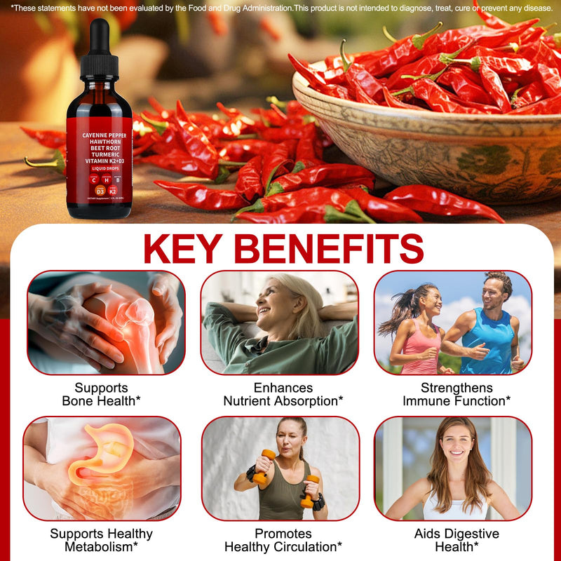 [Australia] - Cayenne Pepper Drops, 2 Pack Cayenne Supplement with Hawthorn Berry, Ceylon Cinnamon, Turmeric & Vitamin D3 K2 Beet Root Powder | Heart & Circulation Support | Winter Wellness Booster 