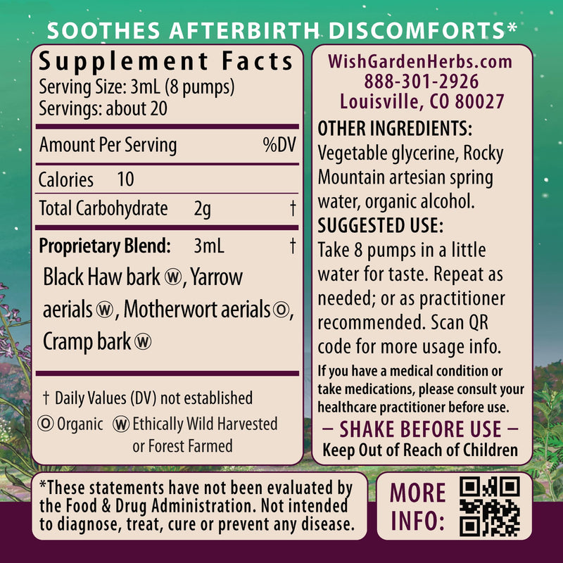 WishGarden Herbs AfterEase Drops, Postpartum Cramp & Contraction Ease, 2oz | Cramp Bark, Black Haw Bark, Motherwort & Yarrow, First 24-48 Hour Recovery, FairWild Certified, Vegan 2 Fl Oz (Pack of 1)