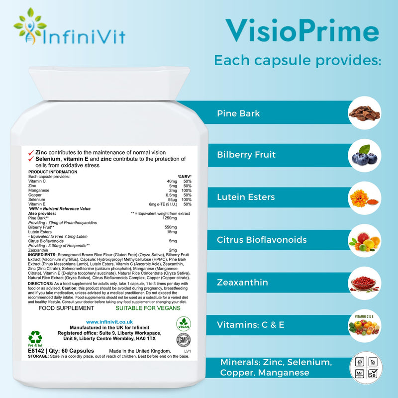 VisioPrime - Lutein, Zeaxanthin, Bioflavonoids, Bilberry, Pine Bark, Vitamins and Minerals Eye Supplement, 60 Capsules
