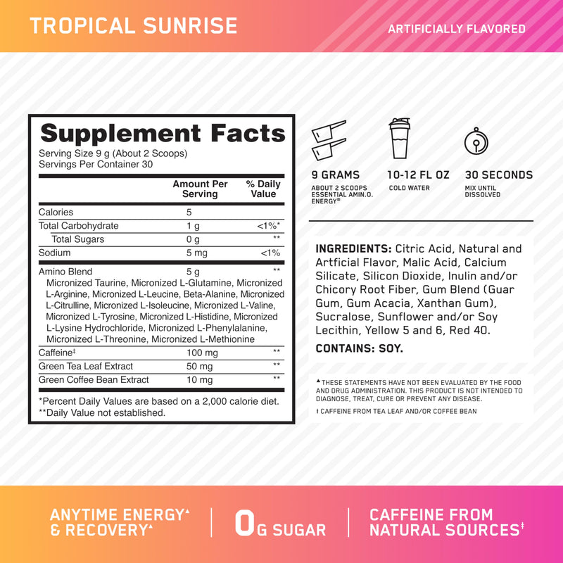 [Australia] - Optimum Nutrition NEW Flavor Amino Energy - Pre Workout with Green Tea, BCAA, Amino Acids, Keto Friendly, Green Coffee Extract, Energy Powder - Tropical Sunrise, 30 Servings (Packaging May Vary) 30 Servings (Pack of 1) 