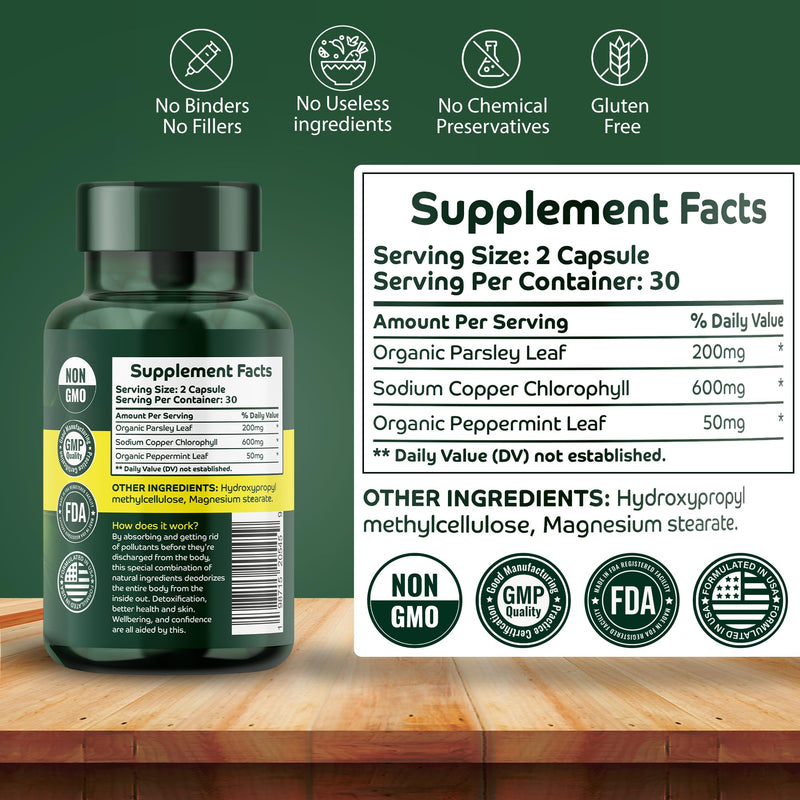 [Australia] - Orry's Vital Chlorophyll Capsules 600 mg - Natural Internal Deodorant to Detox Body Odor, Armpits & Private Parts - Body-Deodorizing Supplement: Supports Immunity and Digestion - 60 Chlorophyll Pills Chlorophylls Capsules 