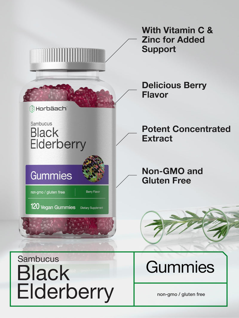 [Australia] - Horbaach Black Elderberry Gummies | 120 Count | Sambucus Extract | with Zinc and Vitamin C | Berry Flavor | Vegan, Non-GMO, and Gluten Free Supplement for Adults 120 Count (Pack of 1) 
