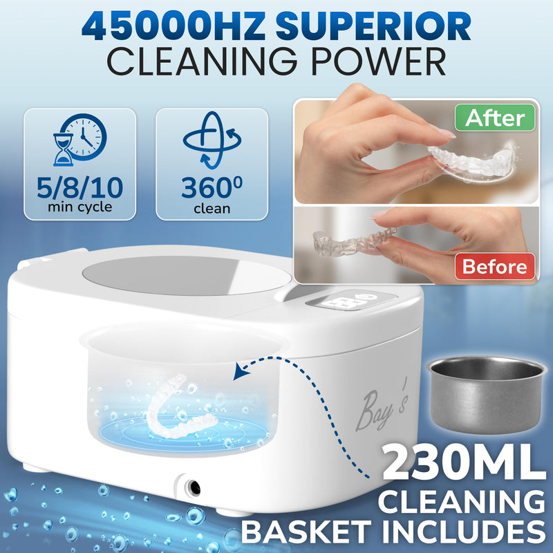[Australia] - BAYS Ultrasonic Retainer Cleaner 45kHz Cleaning Machine for Dentures, Mouth Guards, Night Guards, and All Dental Appliances – 230ml Capacity – Ideal for Jewelry and Denture Digital Timer (black) white 