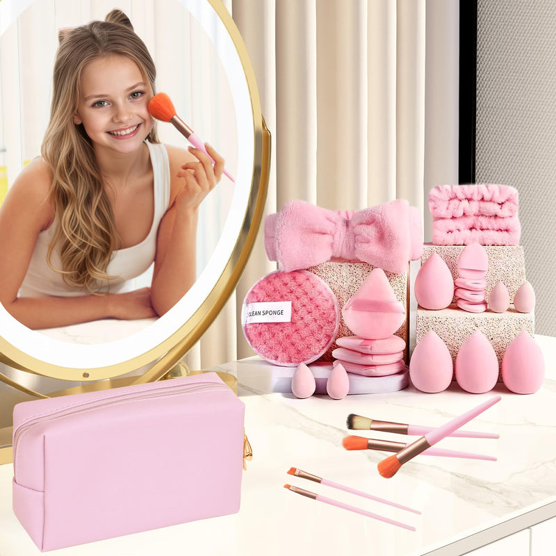 [Australia] - 40PCS Trendy Stuff Gifts Set for Teen Girls -Makeup Brushes Set + Blending Sponges + Silk Heatless Curling Set + Jewelry Set & Skincare Headbands | Birthday Gift for Daughter, Niece, Her (Pink) Pink 