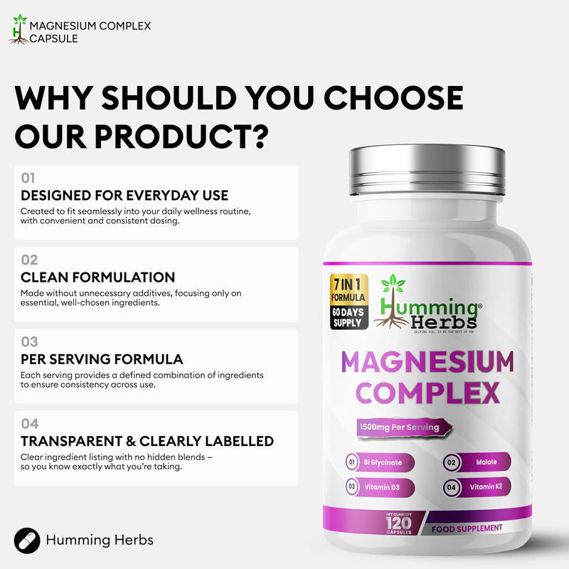 Humming Herbs Magnesium Bisglycinate & Magnesium Malate with Vitamin D3, K2 & Vitamin B6-300mg Elemental Magnesium -120 Capsules
